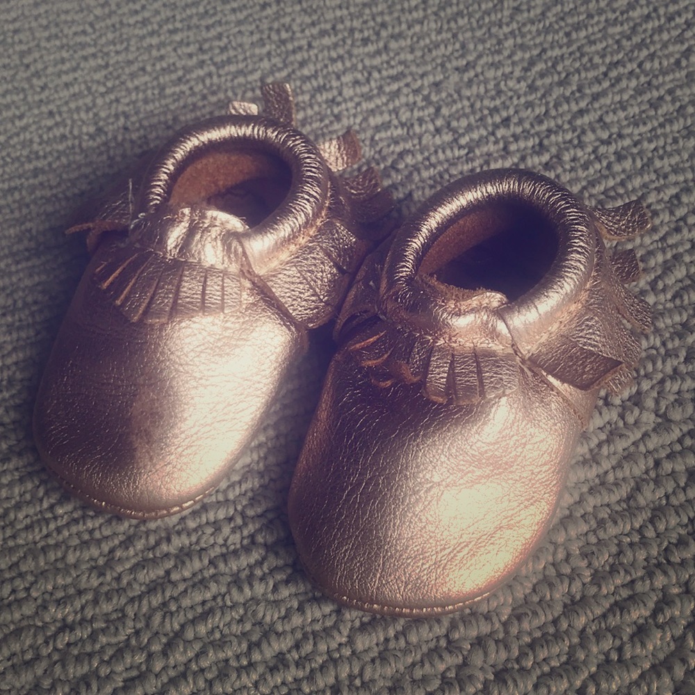 Freshly Picked baby moccasins in Rose Gold!